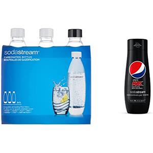 SodaStream Bottiglie Fuse per Gasatore Source, Play, Power, Spirit, Fizzi e Genesis, Capienza 1 litro, Confezione da 3 & Concentrato per la preparazione di bevande dissetanti gassate al gusto Pepsi
