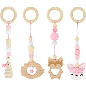 BINYI 4 Pezzi Palestrina Neonato Montessori Arco Giochi per Passeggino da Appendere Giocattoli di Legno per Bambini Pieghevole Gioco Auto Neonato Baby Gym con Ciondolo in Legno (Rosa)