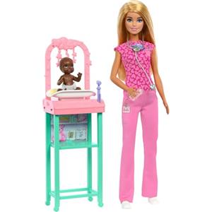 Barbie Carriere - Pediatra, set bambola bionda con divisa da medico rosa e un neonato, stetoscopio, mobili e accessori inclusi, giocattolo per bambini, 3+ anni, JCR72