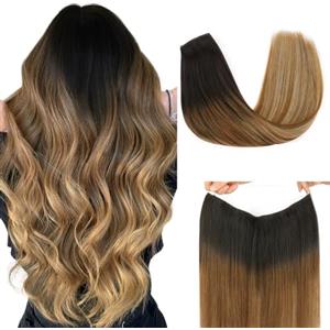 hotbanana Extension Capelli Veri con Filo Invisibile, 30cm 70g Nero Sfumatura da Castano a Biondo Sporco Capelli Umani Remy Lisci, Invisible Wire Hair Extensions, Extension in Capelli Veri
