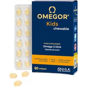 Omegor Omega 3 Bambini OMEGOR Kids 3+ Anni (60 Capsule Masticabili alla Frutta) - Ideale per Cervello, Vista, Ossa e Difese Immunitarie per Bambini con Vitamine D3 ed E - Ricco di EPA e DHA