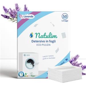 NATULIM - Detersivo in Fogli per Lavatrice - Detersivo Lavatrice Ecologico e Ipoallergenico - 50 Lavaggi - Fragranza Lavanda