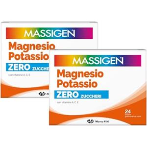 Massigen - Magnesio e Potassio Zero Zuccheri, Due Confezioni da 24 Bustine da 4 g, Gusto Arancia Rossa, Integratore a Ridotto Contenuto Calorico con Sali Minerali e Vitamine