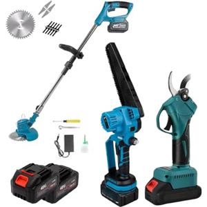 DE ROSA SHOP Kit Potatura 3 in 1 - Forbice Elettrica da Potatura, Mini Motosega 6-8 Pollici con Oliatore e Decespugliatore a Batteria Elettrico - 48V, con 2 Batterie e Accessori Inclusi