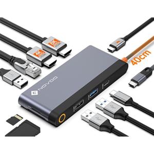 NOVOO Docking Station With Dual HDMI Hub 8K @30Hz/4K @60Hz, Gigabit Ethernet, USB-C/A Ports, 100W PD Fast Charging, SD/TF Card Reader for MacBook Dell Surface HP