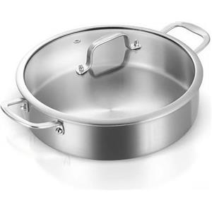 DELARLOCHEF 28 cm Double Handle Saute Pan, Tri-ply Stainless Steel Saute Pan, Double Ear, 28 cm Deep and Large Frying Pan, Tri-ply Stainless Steel Braiser
