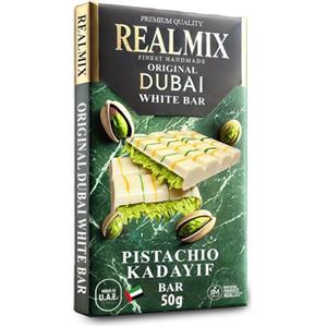 REALMIX Cioccolato di Dubai, Ripieno di Crema al Pistacchio e Kadaif, Prodotto a Dubai (U.A.E.), Tavoletta di Cioccolato Ispirazione Orientale, Esperienza Gourmet (50g, Cioccolato bianco)