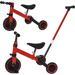 XUANYU 4 in 1 Triciclo Evolutivo Bambino, Bicicletta con Pedali Rimovibili per Bambini 1-7 Anni, Mini Bici/Girello con Maniglione Parentale, Bicicletta Evolutivo per Ragazze e Ragazzi (Nero-rosso)