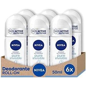NIVEA Deodorante Roll on Pure Invisibile 6 x 50 ml, Deodorante donna per una protezione 72h invisibile, Deo roll on antitraspirante senza alcool, Non lascia residui sulla pelle e i vestiti