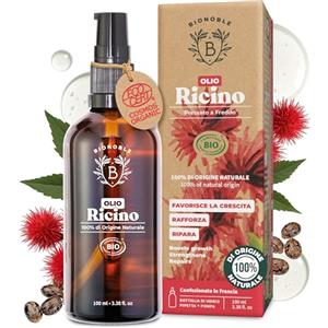 BIONOBLE Olio di Ricino Puro e Biologico - Pressato a Freddo, Senza Esano - Olio di Ricino per Capelli Crescita, Ciglia e Sopracciglia - Castor Oil Organic - Bottiglia di Vetro, Pipetta, Pompa - 100ml