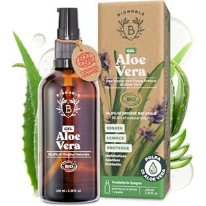BIONOBLE Gel Aloe Vera Puro Biologico 97% con Olio Essenziale di Lavanda - Idrata e Lenisce - Aloe Vera Gel Puro per Capelli, Crema Pura Viso, Acne, Corpo, Doposole - Bottiglia di Vetro, Pompa - 100ml