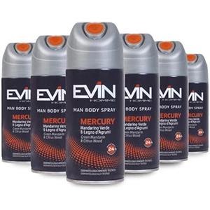 EVIN HOMME | Deodorante Uomo Spray Mercury, Fragranza Mandarino Verde e Legno d'Agrumi, Durata 24h, 6x150ml