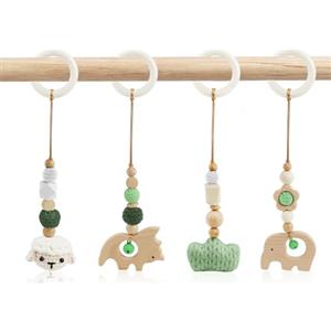 BINYI Palestrina Neonato Montessori Arco 4 Pezzi Giochi per Passeggino da Appendere Giocattoli di Legno per Bambini Pieghevole Gioco Auto Neonato Baby Gym con Ciondolo in Legno (Verde)
