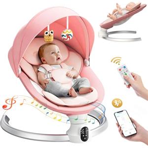 Brolteja Sdraietta Neonati Elettrica 0-9 kg, Dondolo Neonati Elettrico con Telecomando e Bluetooth, Sdraietta con 5 Ampiezza di Dondolio e Cintura di Sicurezza a 5 Punti,Rete per Insetti (Rosa)