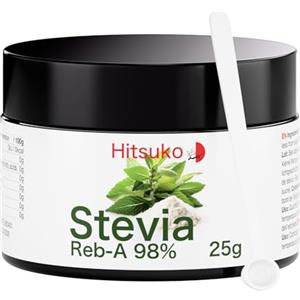 Hitsuko Polvere di stevia ultraconcentrata - RebA 98% (25g) | Stevia RebA pura al 98% - Fino a 470 volte più dolce dello zucchero - Ne basta una quantità minima