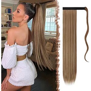 FESHFEN Lunga Coda Capelli Extensions, Lisci Posticci Code Finta Capelli Estensione Sintetici Coda di Cavallo Extension per Donna, 70 cm Marrone & Bionda