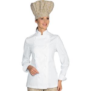 Isacco Giacca Cuoco Lady Extra Light Bianca - Manica Lunga, 65% Poliestere, 35% Cotone, Taglia S, con Taschino e Chiusura Antipanico