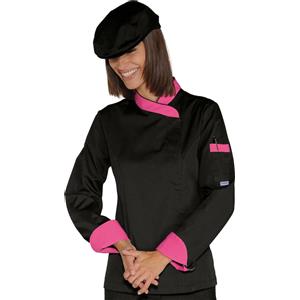 Isacco Giacca Lady Snaps Nero e Fuxia - Giacca Cuoco Sciancrata da Donna con Manica Lunga e Taschino
