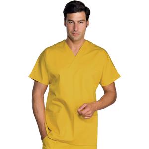ISACCO Casacca Collo A V Sole Unisex Gialla in Poliestere e Cotone, Taglia S, Maniche Corte, Ideale per Medici e Infermieri