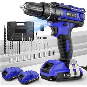 MHPRO Trapano Avvitatore Batteria, MHPRO Avvitatore a Batteria 21V con 2 Batterie da 2.0Ah, 42N.m di Coppia, 2 Velocità, 25+3 Coppia, 30 Accessori, Luce a LED, Per il fai da te, in Casa e Giardino