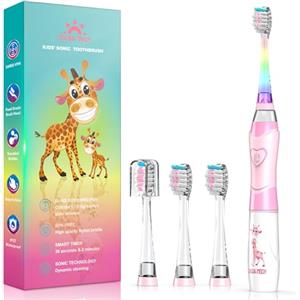 DADA-TECH Spazzolino Elettrico Bambini 3-6-12 Anni Spazzolino Elettrico Bambina Bambino Bimba Con Timer Luci LED Arcobaleno E 4 Testine Morbide (Giraffa Rosa)