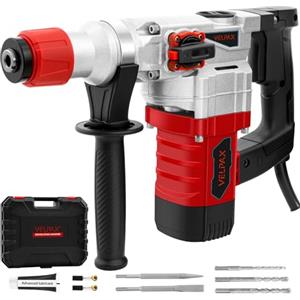 VELPAX SDS-Plus Martello Perforatore 1500W, Martello Demolitore 28J con Frizione di Sicurezza e Controllo Vibrazioni, Tassellatore 3 Funzioni, Inclusi Scalpelli, Punte e Borsa Attrezzi per Cemento e Muratura