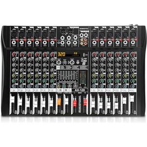 SOWOITIG - Console Mixer Audio 12 Canali con 320 Effetti DSP, Mixer DJ Digitale Professionale con Equalizzatore a 7 Bande, USB, Bluetooth, Alimentazione Phantom 48V e Tasto Mute per Registrazione