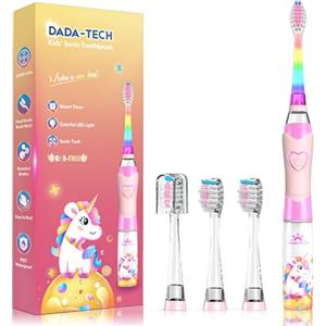 DADA-TECH Spazzolino Elettrico Bambini 3-6-12 Anni Spazzolino Elettrico Bambina Bambino Con Timer Luci LED Arcobaleno E 4 Testine Morbide (Unicorno Rosa)