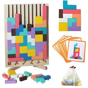 Pmueuff Tetris in Legno, Giocattolo Educativo, Giochi Montessori 3 4 5 6 Anni, Gioco di Impilamento Tetris con Tessera, Giocattolo a Puzzle, Colorato, Blocchi Geometrici, Regalo per Bambini