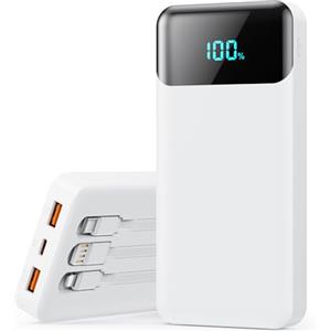 QODJN Power Bank 26800mAh, Powerbank con Cavi Integrati 25W PD Ricarica Rapida Caricatore USB C Portatile con 5 Uscite & 2 Ingressi Batteria Esterna con LCD Display per iPhone 16/15, Samsung ect (Bianco)