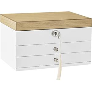 SONGMICS Scatola Portagioie a 3 Livelli, Porta Gioielli, Grande Specchio, 2 Cassetti, Serratura, Idea Regalo, per Anelli Orecchini Bracciali Collane, Bianco con Effetto Legno JOW15WN