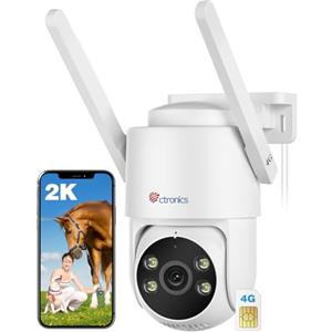 Ctronics 2K 3G/4G LTE Telecamera da Esterno con Sim, PTZ IP Videocamera Sorveglianza Rilevamento Umano, Tracciamento Auto, Visione Notturna a Colori 30M, Storaggio FTP/Cloud/128G TF, IP66, No WiFi