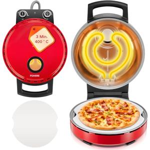 FOHERE Forno Pizza Elettrico, Riscalda Fino a 400℃, 3 Minuti Forno per Pizza,5 Livelli Temperatura,con Pietra Ceramica 32cm, Finestra di Visualizzazione, Timer, per Uso Interno ed Esterno, Rosso
