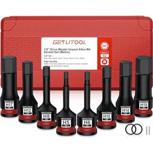 GETLITOOL Set 8PZ 1/2 Inch Bussola a Brugola Metrica 5-19 mm in Acciaio S2, Corredo di Bussole a Impatto Lungo 78mm, 8x Bussole Esagonali per Chiave Pneumatica Dinamometrica con Valigetta