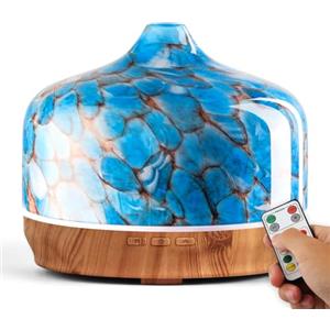 Porseme Diffusore di aromi, in vetro soffiato a mano, 500 ml, con telecomando, per fuochi d'artificio, umidificatore a ultrasuoni, silenzioso, 7 colori, luce LED, automatico, timer per la casa (Blu)