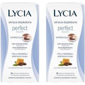 Lycia - Strisce Depilatorie Sopracciglia, Perfect Touch, Con cera d'api e olio di jojoba, Formula in GEL pronte all'uso, 16 Strisce (Confezione da 2)