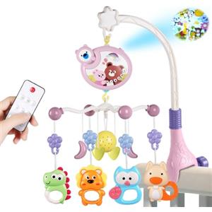 Aolso Carillon Elettronico per Culla e Lettino, Telecomando Scatola Musicale con 317 Melodie, Rotanti Giocattoli per Neonati, Telecomando Funzione di Cronometraggio, con Proiettore e Musica, Rosa