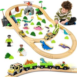 Joellfuner Set di 80 Pezzi Binari Trenino Legno con Dinosauri, Aerei e Treni in Legno, Giocattoli Treno Elettrico Compatibile con le Principali Marche, Regali di Compleanno e di Natale per Bambini