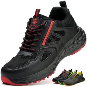 ISOOUS Scarpe Antinfortunistiche Uomo Donna Scarpe da Lavoro Leggero Comode Traspiranti Punta in Plastica Antiscivolo Cucina Nero Rosso EU 42