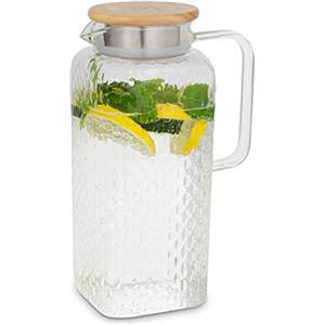 GLASWERK Caraffa - Caraffa per acqua con coperchio in bambù di alta qualità, caraffa in resistente vetro borosilicato, con filtro nel beccuccio, vetro, 1,9 l