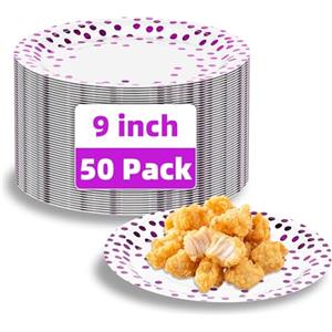 DN DENNOV Piatti da festa bianchi e viola a pois piatti da 9 pollici per compleanni di bambini, donne e uomini, matrimoni, picnic e decorazioni per anniversari. Confezione da 50 pezzi