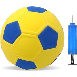 GOEDCH Palla curva da calco: taglia 5, palla curva in gomma Eva, palla curva leggera, palla curva gialla e blu, palla da calcio con pompa e ago, palloni da calcio per allenamento in interni ed esterni