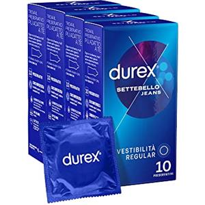 Durex Settebello Jeans Regular (56 mm), Forma serbatoio Easy-on, 4 confezioni, 40 Profilattici, vestibilità Regular