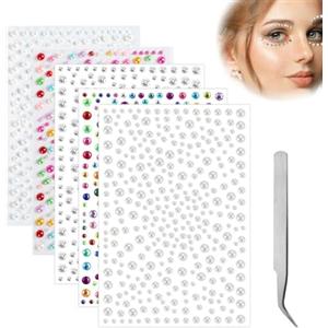 KCOQINA Pinzette in omaggio,Brillantini Adesivi di Gemme per Viso, Make Up Adesivi di Gemme, Viso Strass Autoadesivi Acrilico Colorato Glitter Strass Cristallo Gemma Make Up per Viso Corpo Unghie Feste