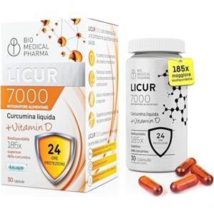 Bio Medical Pharma Curcuma Capsule con Vitamina D - 185x Maggiore Biodisponibilità - Curcumina Micellare NovaSOL - 1 Capsula al Giorno - Equivalente a 6.600 mg di Curcuma - Licur 7000 + Vitamin D (30 Capsule)