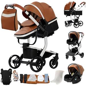 MoLi Pelle PU Passeggino Trio, Passeggino 3 in 1 con Doppia Modalità Push Reversibile, Trio Passeggini Neonati con Grande Navicella, Carrozzina per Neonati in Alluminio Pieghevole (L518 Khaki)