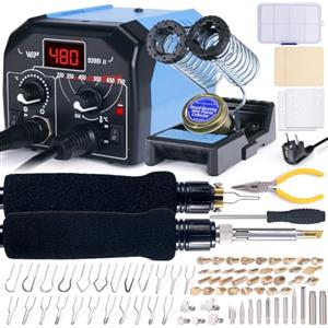 WEP 939D-II Kit pirografo per legno 2-in-1 86-in-1 con 51 punte, 23 a filo, 2 penne, stencil, legno grezzo. Pirografo professionale, kit di pirografo per legno, ideale per fare le penne (Spina UE)