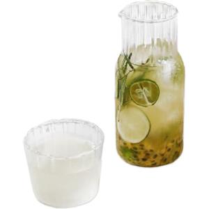 MISNODE Set Caraffa per Acqua e Bicchiere da Comodino, Caraffa Trasparente con Tazza, Caraffa per Servire Acqua da Comodino in Vetro Scanalato Vintage, Set Caraffa per(15cm / 5.9in Length-trasparente)