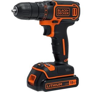 BLACK+DECKER Trapano avvitatore a batteria 18V a 1 velocità. In dotazione: una batteria agli ioni di litio da 18V/1,5Ah e un caricabatterie in una custodia
