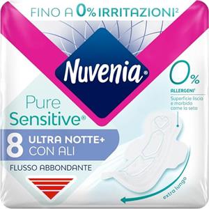 Nuvenia - Assorbente Pure Sensitive Ultra Notte con Ali - Superficie Delicata per Pelli Sensibili - Confezione da 8 Assorbenti